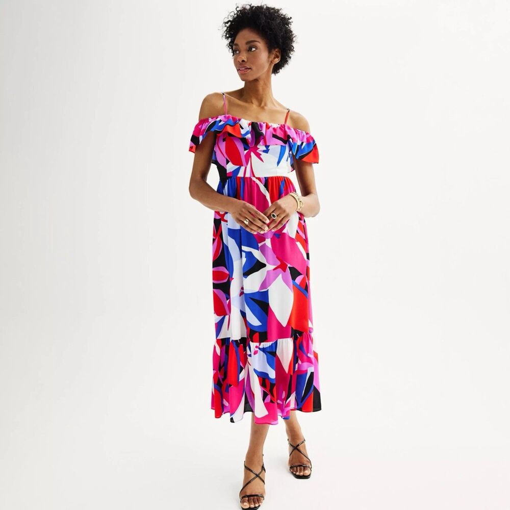 Nine West Dress Size Small Floral  Women’s Maxi Off Shoulder Pink Blue New
